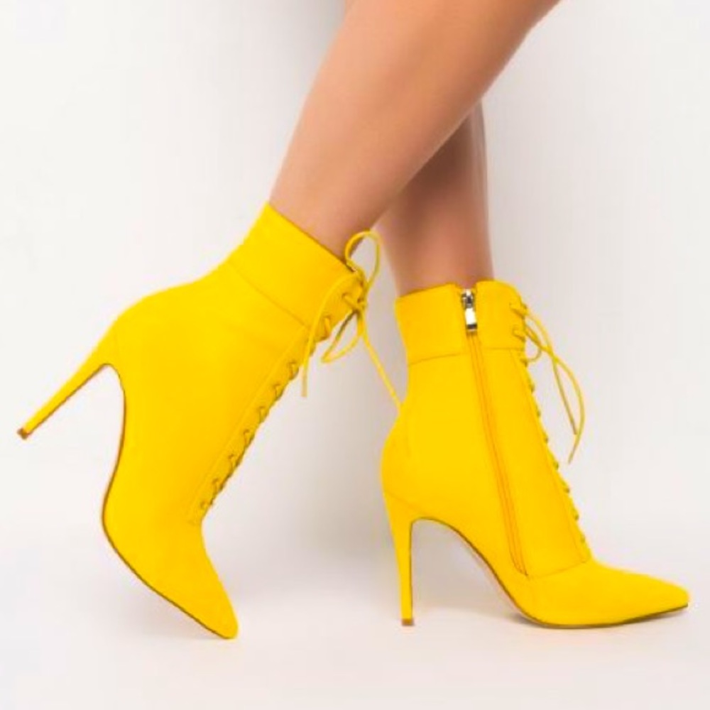 Azalea Wang Sunshine Yellow Victorian Inspired Lace Up Stiletto Booties